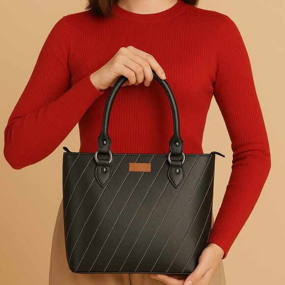 Black Top-Handle Tote Bag – Vegan Leather Ladies' Satchel Purse or Shoulder Bag - Picture 2 of 11